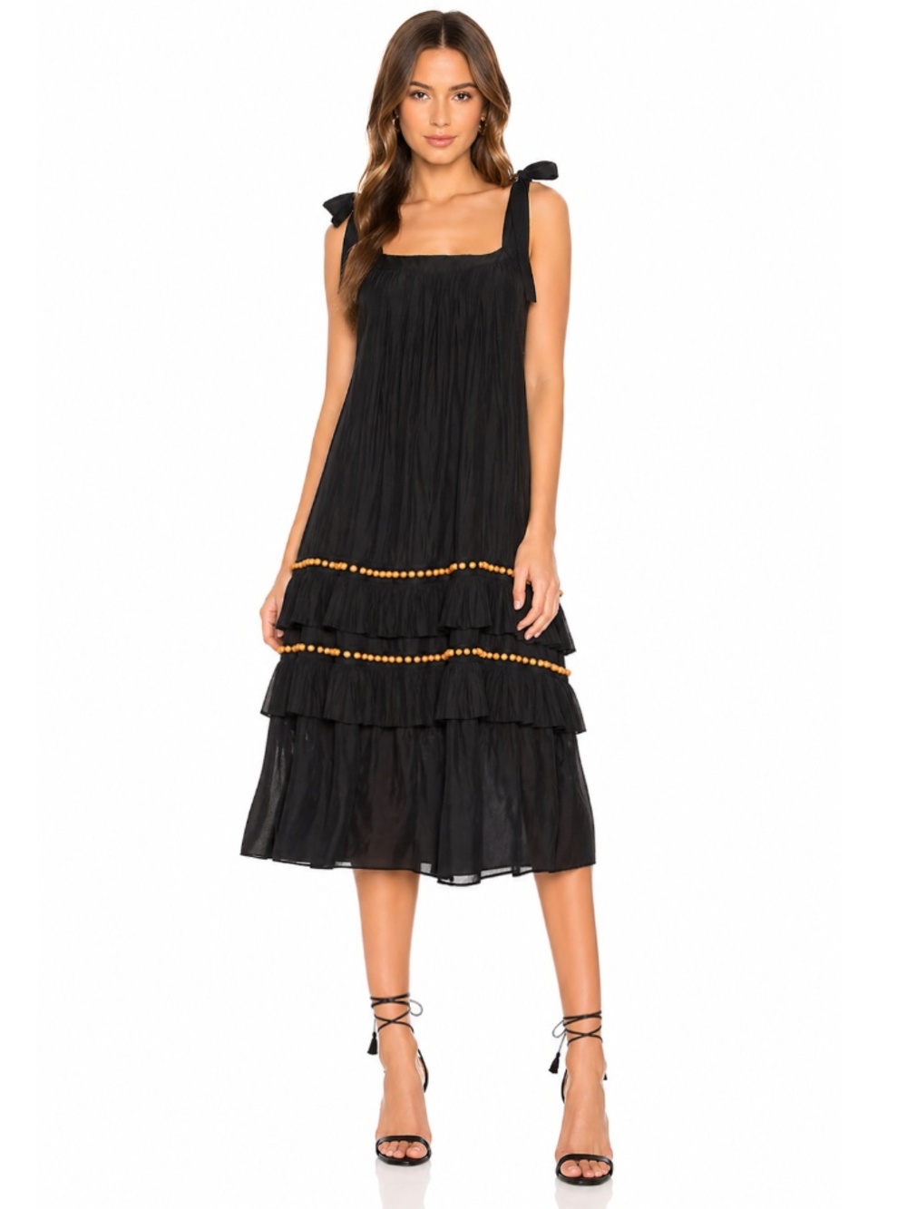 Ramy Brook Midi Dress Ruffled A-Line Bow Tie Shoulder Wooden Bead Black S